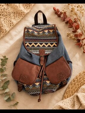 Mamie Bag Boho Tribal Canvas Backpack Faux Leather Festival Southwestern